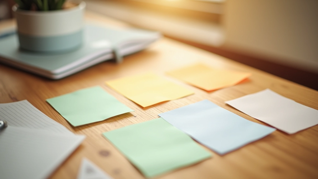 Barevné kategorie úkolů seskupené na tabuli, znázorňující systém slučování podobných aktivit