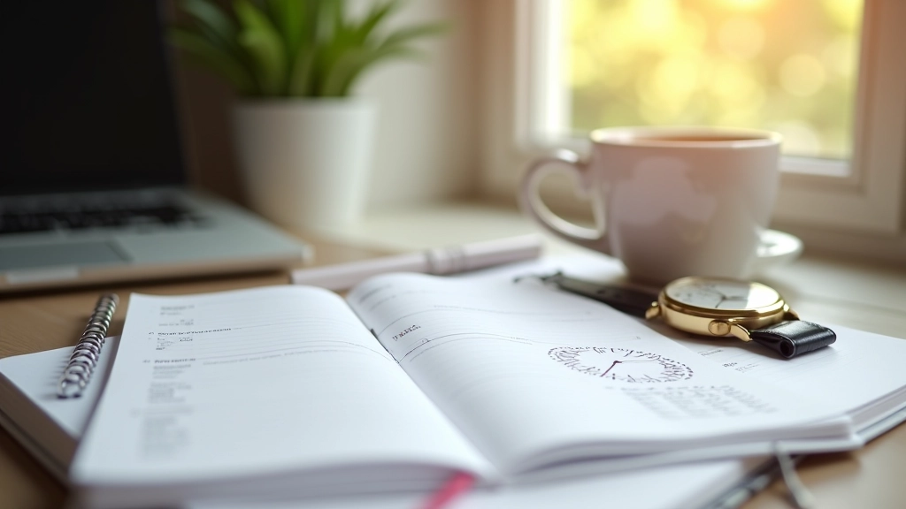 Denní plánovací deník s hodinkami a šálkem kávy na stolem