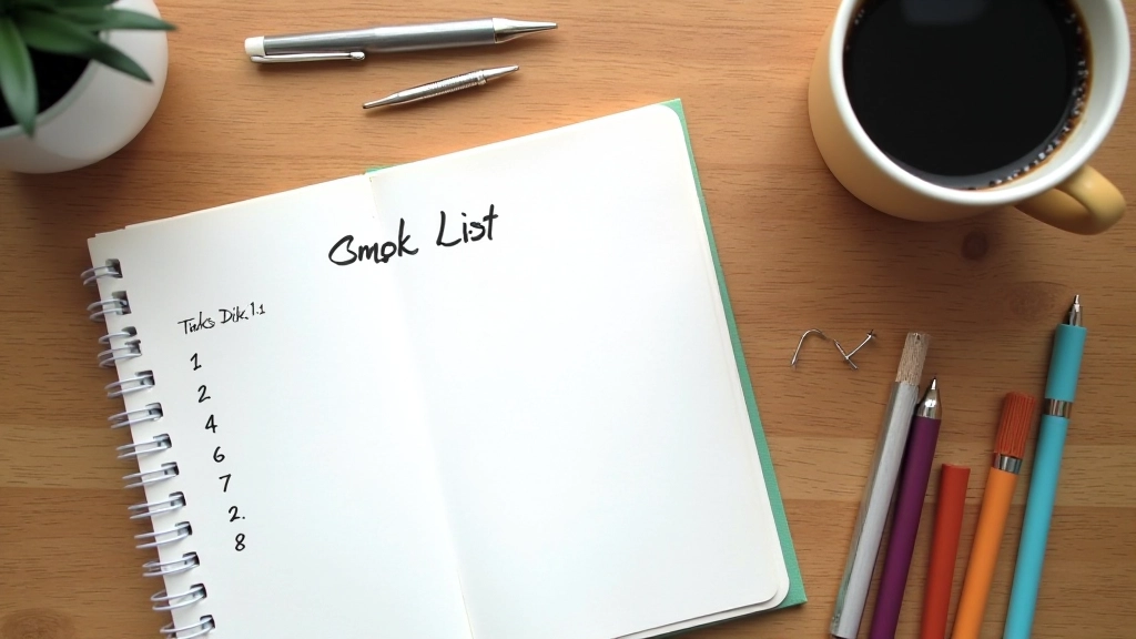 Notebook s ručně psaným seznamem úkolů na týden, barevné fixy a horký nápoj vedle