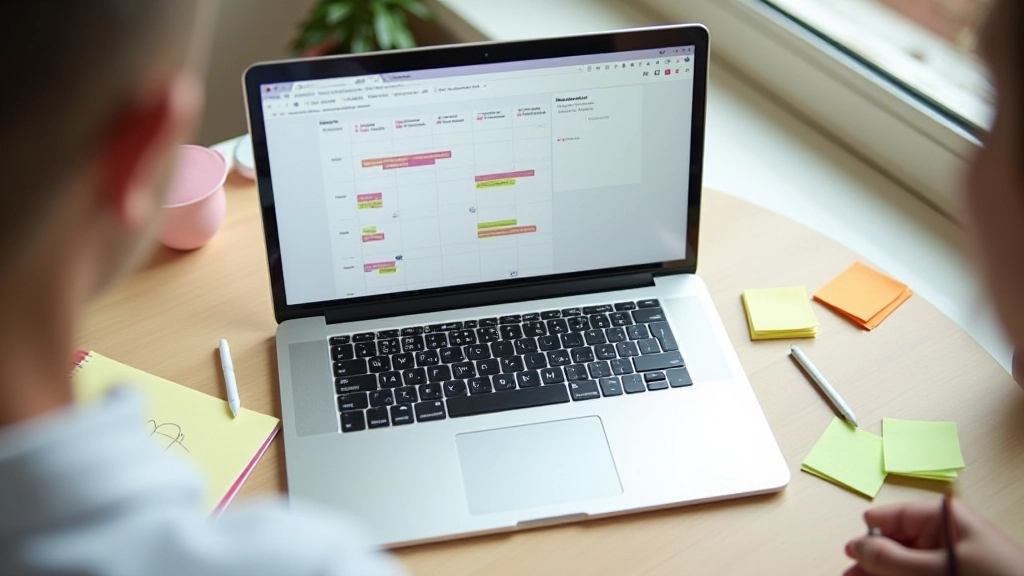 Laptop s otevřeným dokumentem, poznámky vedle, organizované pracovní místo
