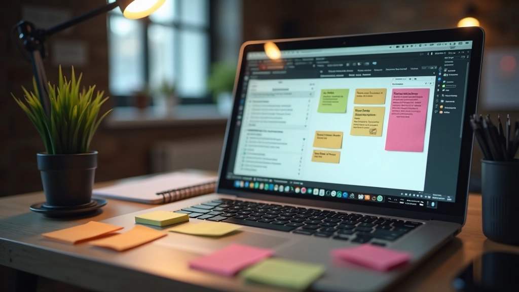 Laptop s organizovanými úkoly seskupenými podle typu, poznámky vedle, přehledné pracovní místo