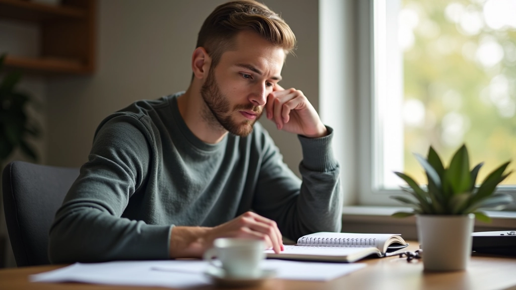 Muž při ránu sedící u stolu s kávou a notýskem, plánuje si den, přirozené světlo z okna