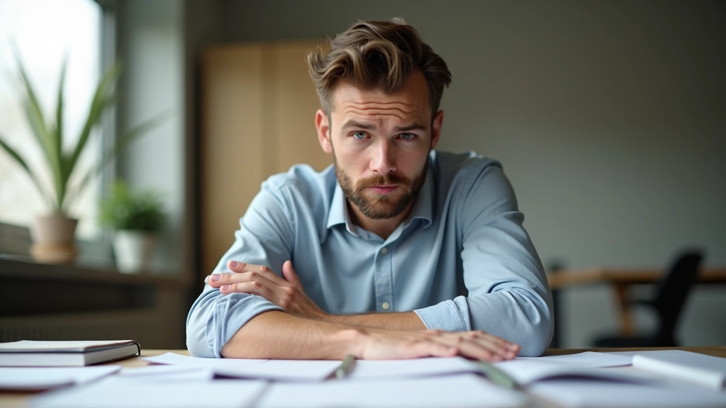 Osoba sedící u stolu s více úkoly, zmatená výraz, multitasking