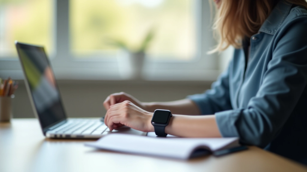 Osoba u stolu s laptopem a notesem, kontroluje si čas na chytrých hodinkách