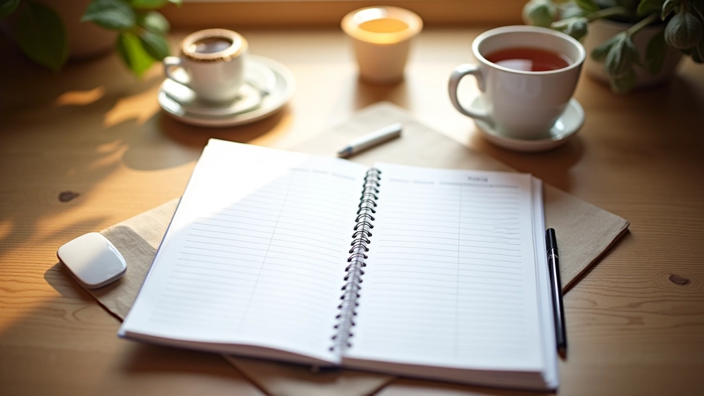 Plánování týdne na notebooku s čajem a perem na pracovním stole