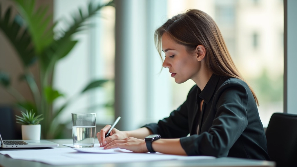 Žena pracující u stolu se sklenicí vody a hodinkami, soustředěná práce
